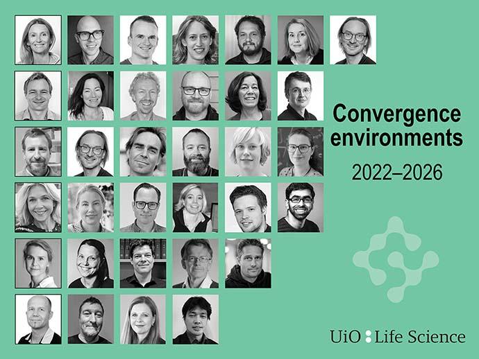 The project leaders of the new convergence environments in life sciences in the first column followed by research partners. Marie E. Rognes and Michael A. Riegler can be found as no 5 and 6 from right on the top bar.